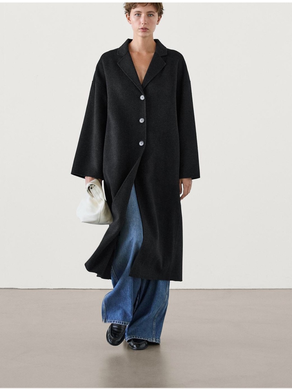 Massimo Dutti Long Wool-Blend Coat with three Buttons-Grey